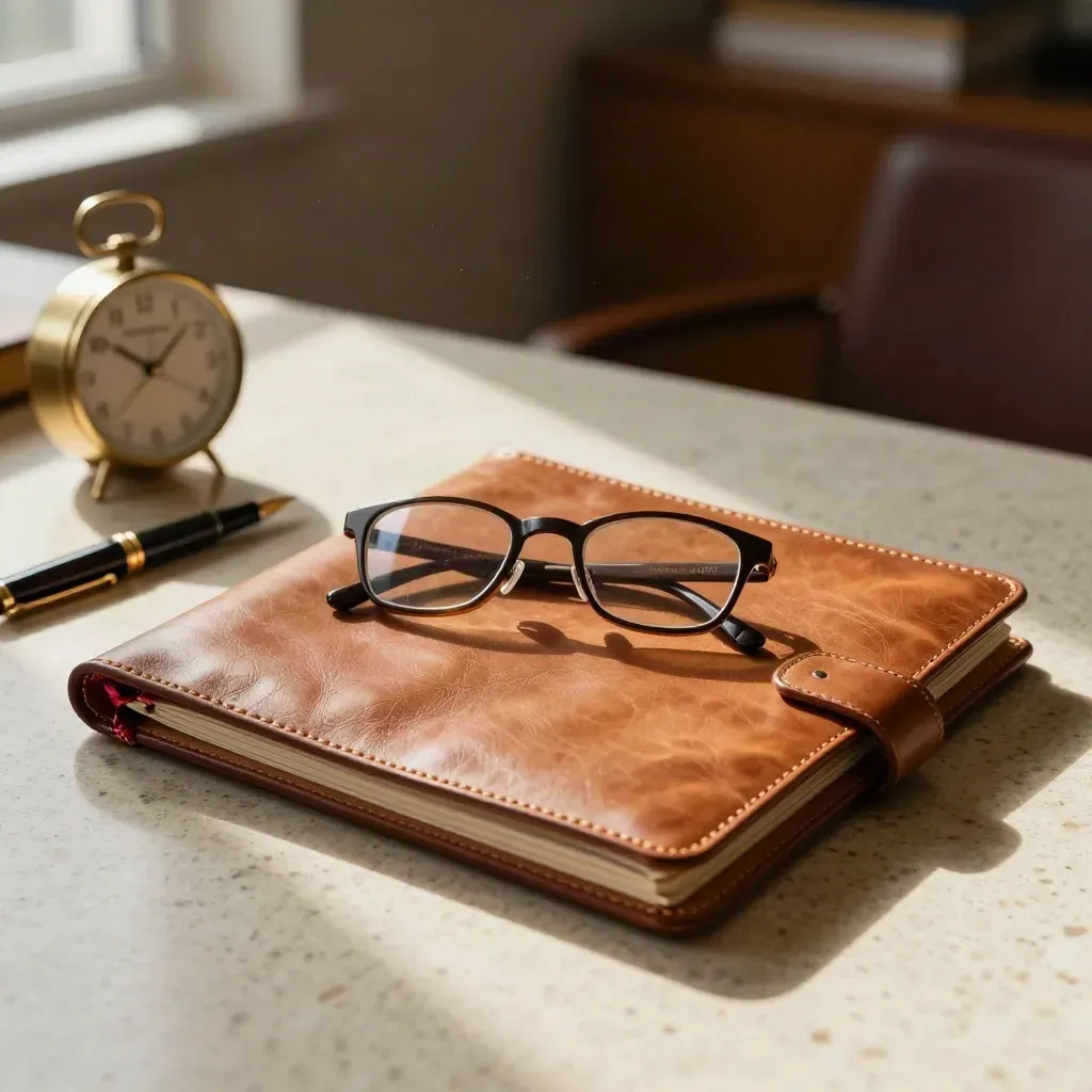 Folio in pelle, occhiali e orologio in ottone su travertino, luce calda d’ufficio.