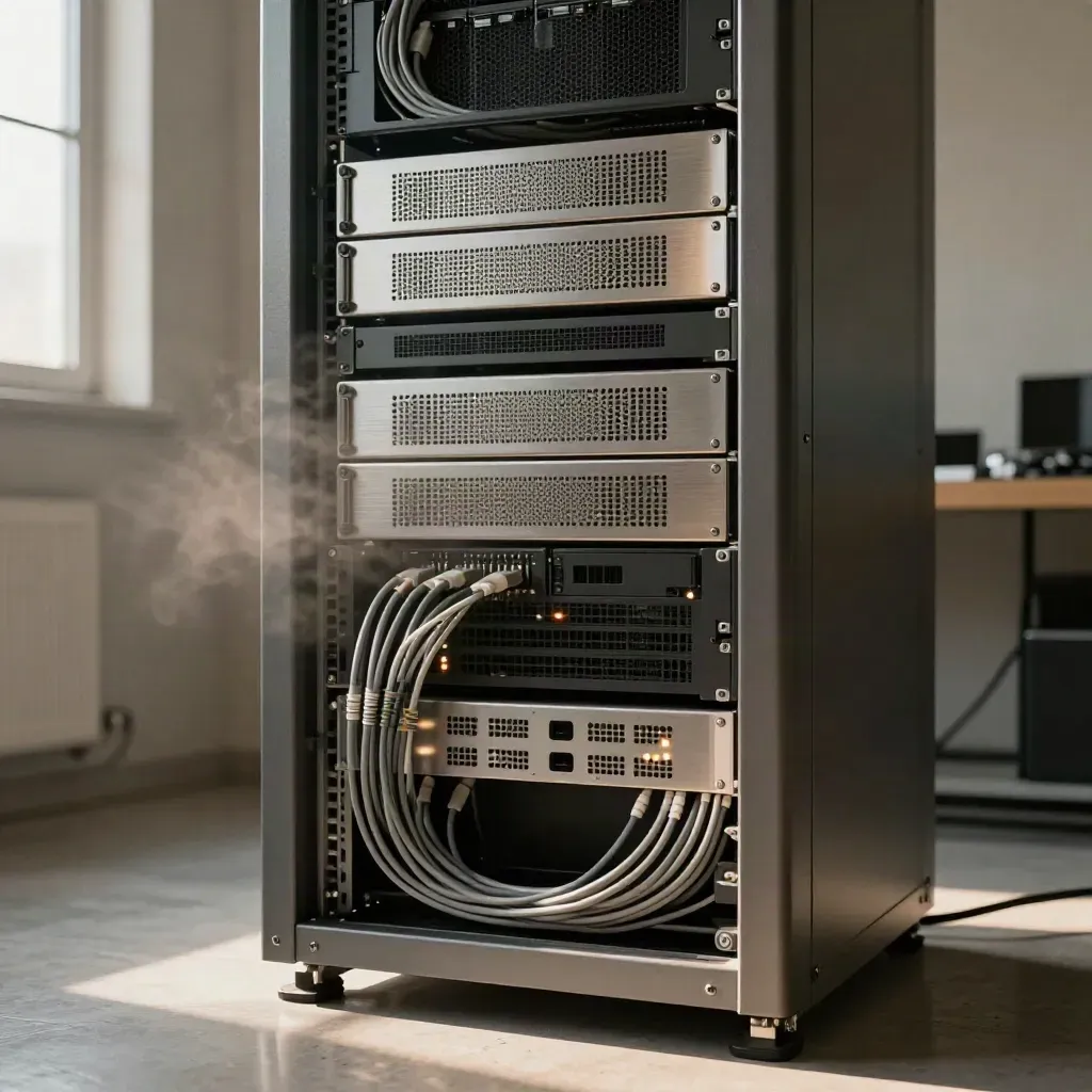 Rack server ridondante in funzione, con cavi ordinati e luci stabili in un angolo tecnico.